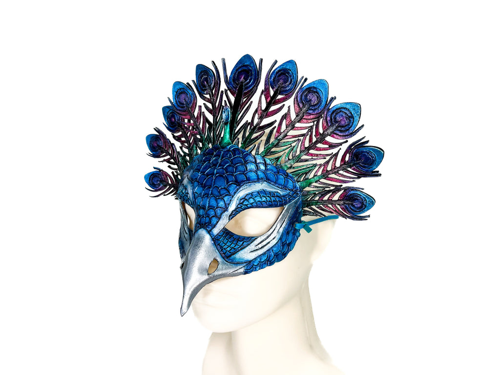 Metallic Blue Peacock Handmade Genuine Leather Mask