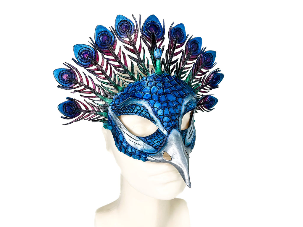 Metallic Blue Peacock Handmade Genuine Leather Mask