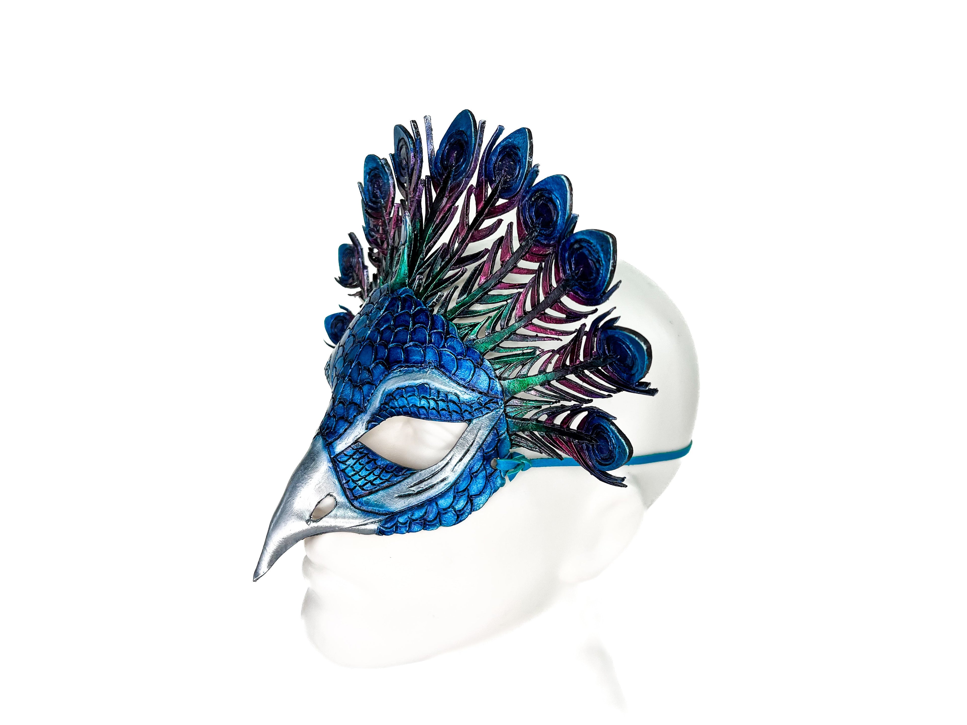 Metallic Blue Peacock Handmade Genuine Leather Mask
