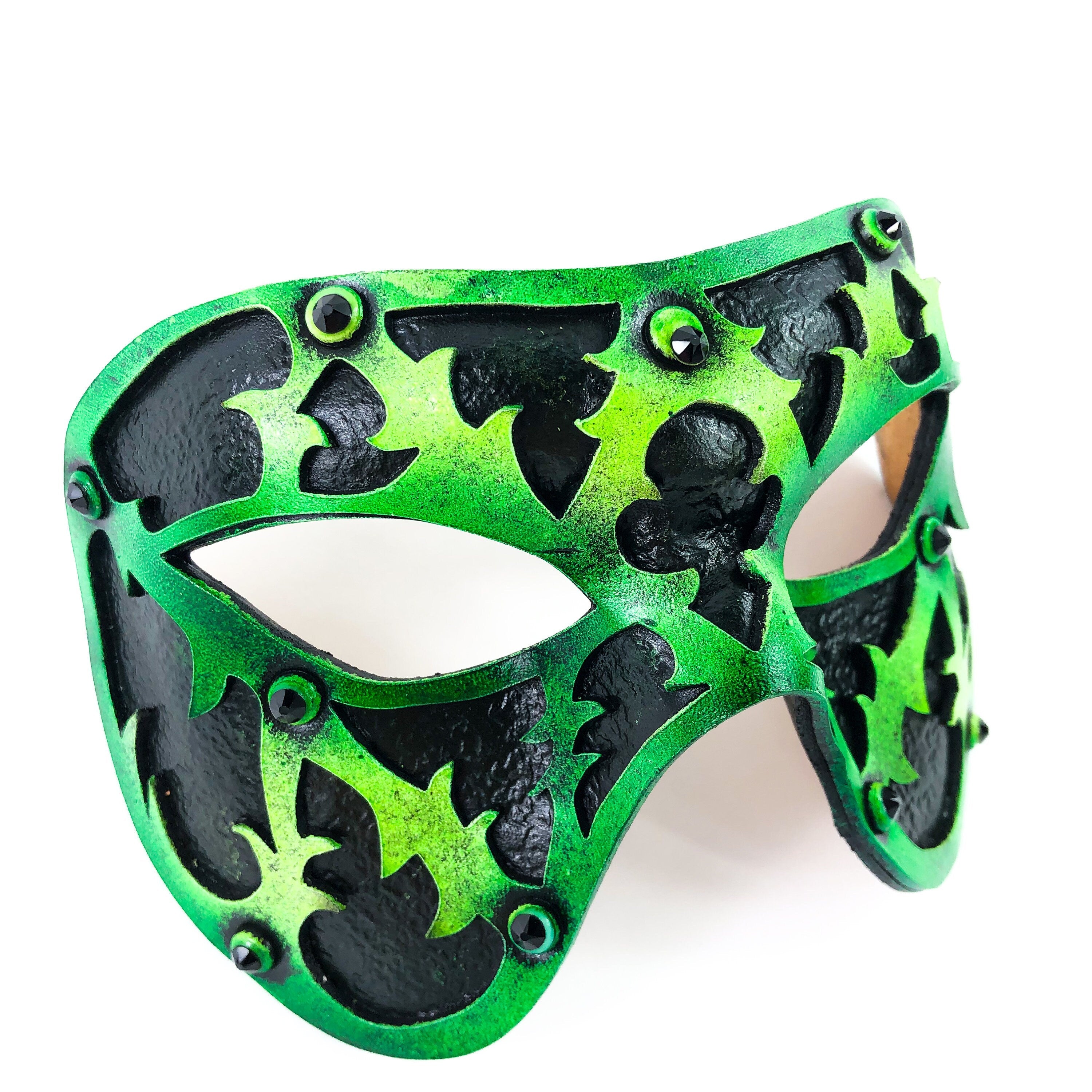 Dual Layer Handmade Genuine Leather Mask in Green and Black with Swarovski Crystals