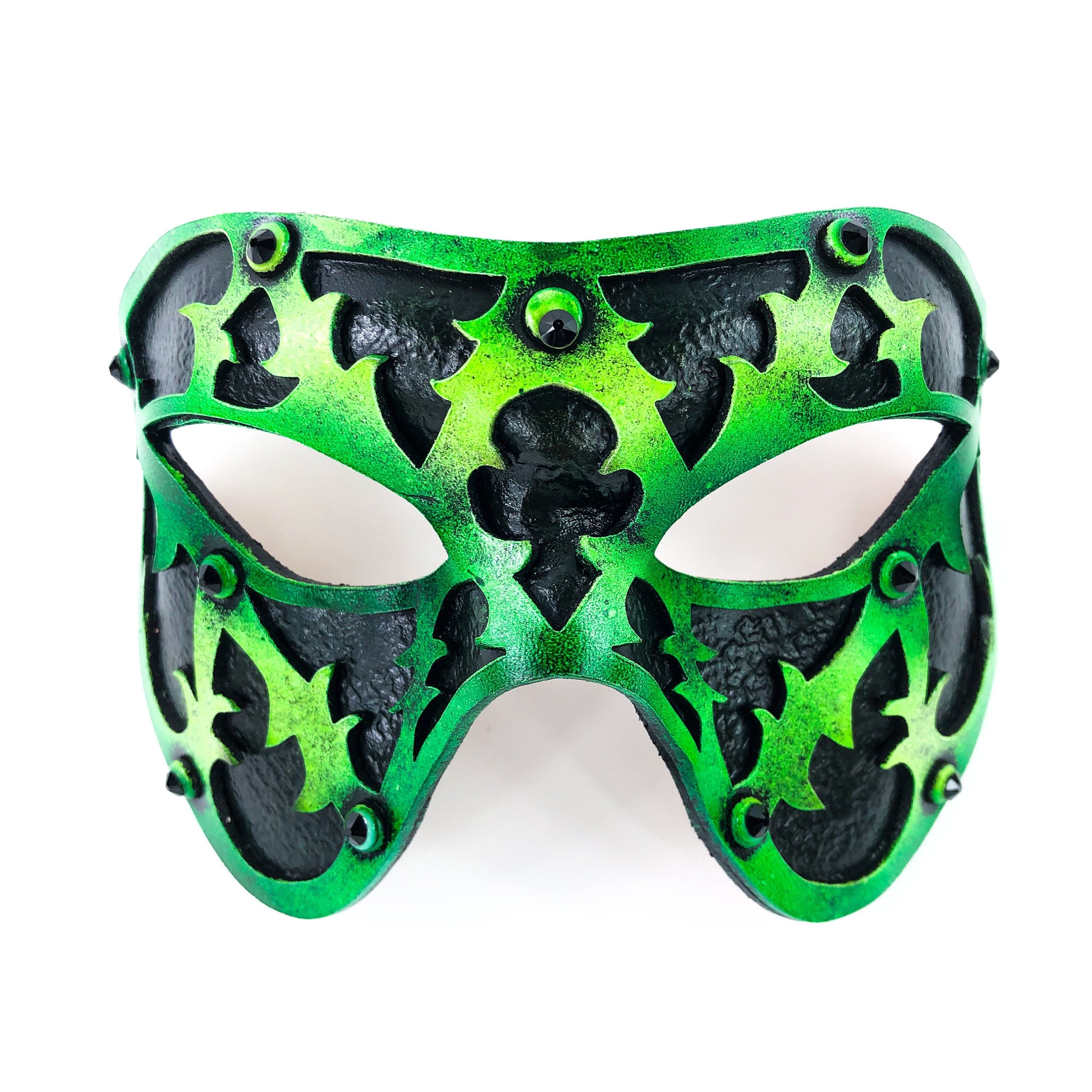 Dual Layer Handmade Genuine Leather Mask in Green and Black with Swarovski Crystals