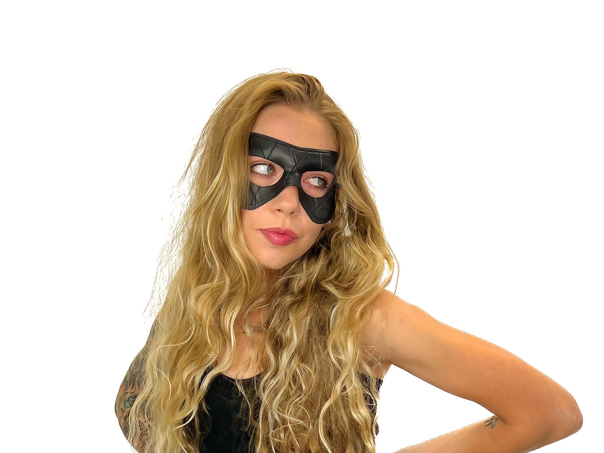 Compact Harlequin Handmade Genuine Leather Mask in Solid Black