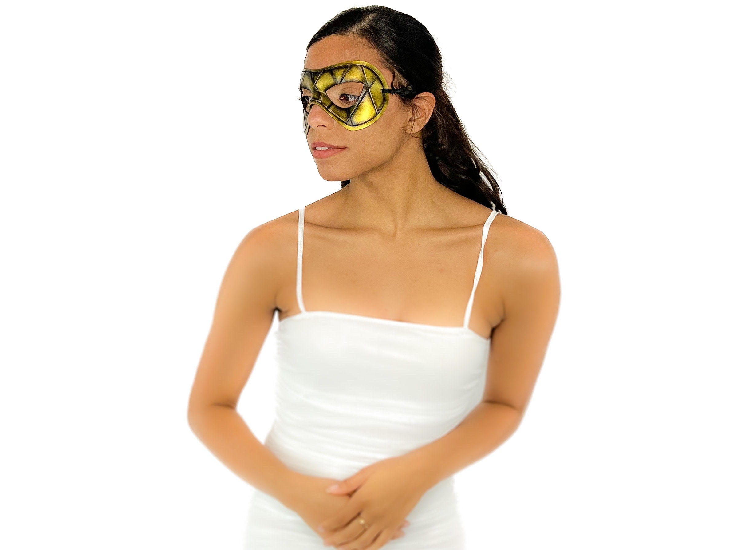 Compact Harlequin Handmade Genuine Leather Mask in Gold