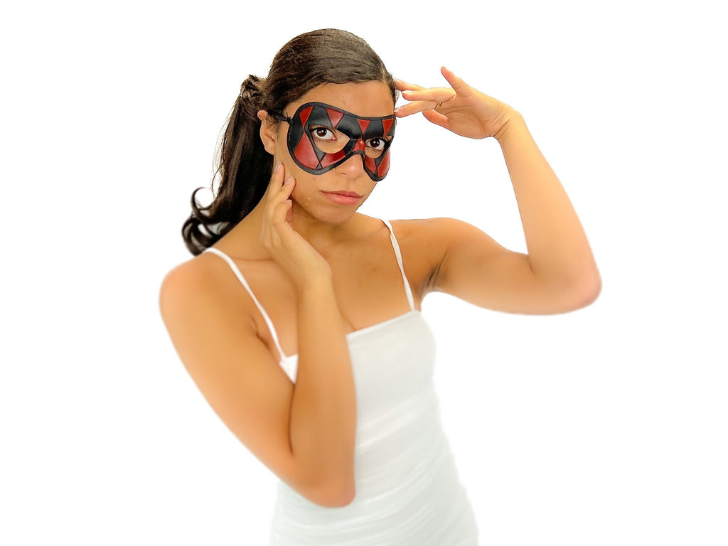 Compact Harlequin Handmade Genuine Leather Mask in Red and Black