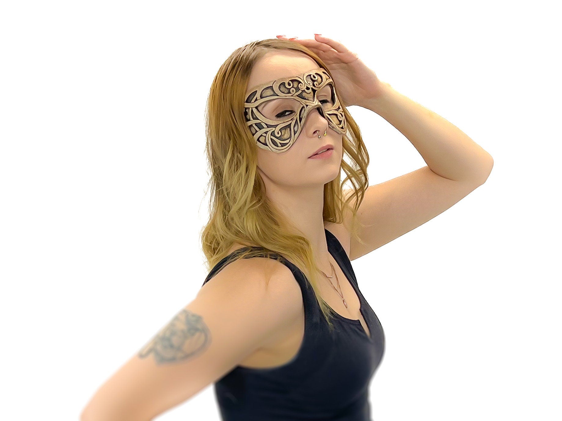 Dual Layer Ornate Masquerade Handmade Genuine Leather Eye Mask in Vintage Cream
