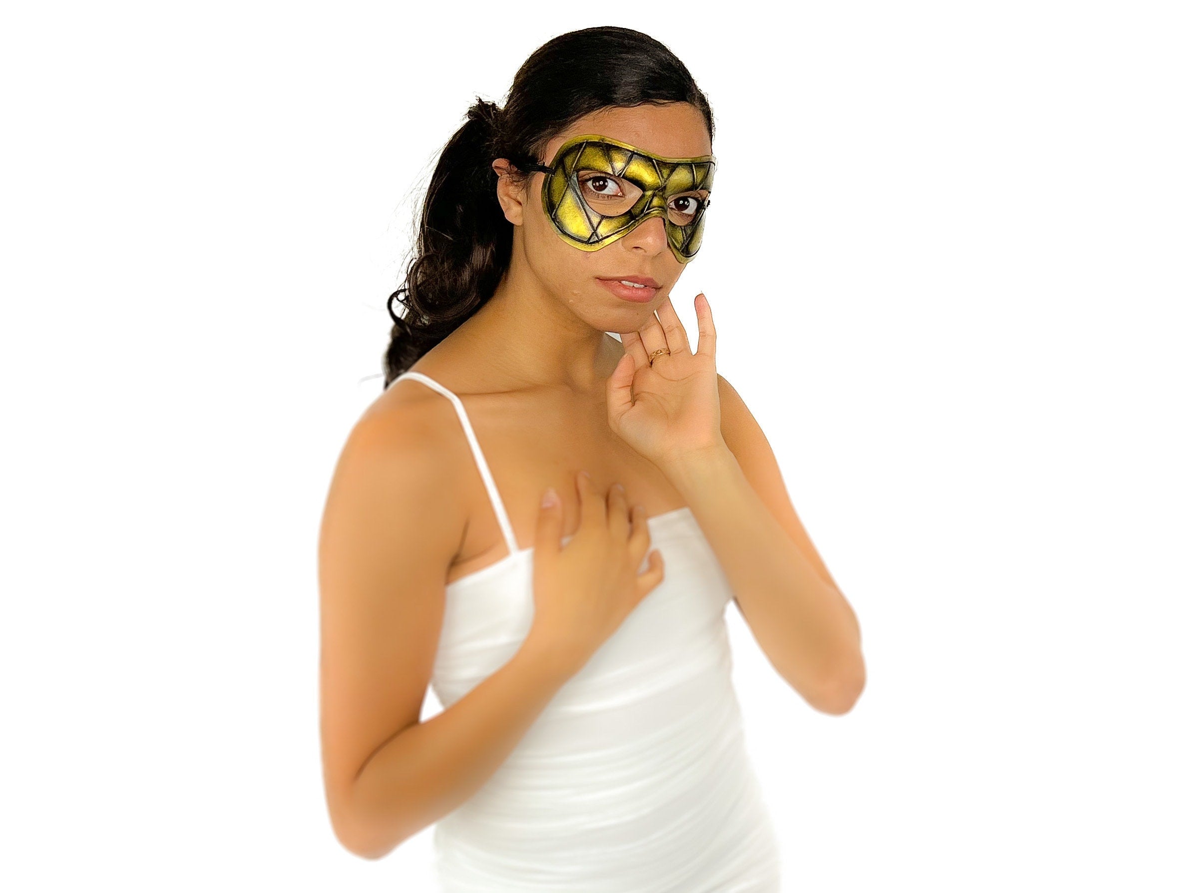 Compact Harlequin Handmade Genuine Leather Mask in Gold