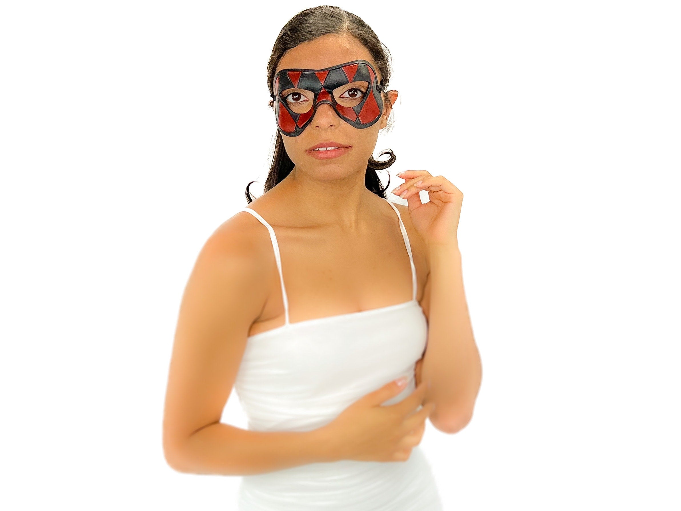 Compact Harlequin Handmade Genuine Leather Mask in Red and Black