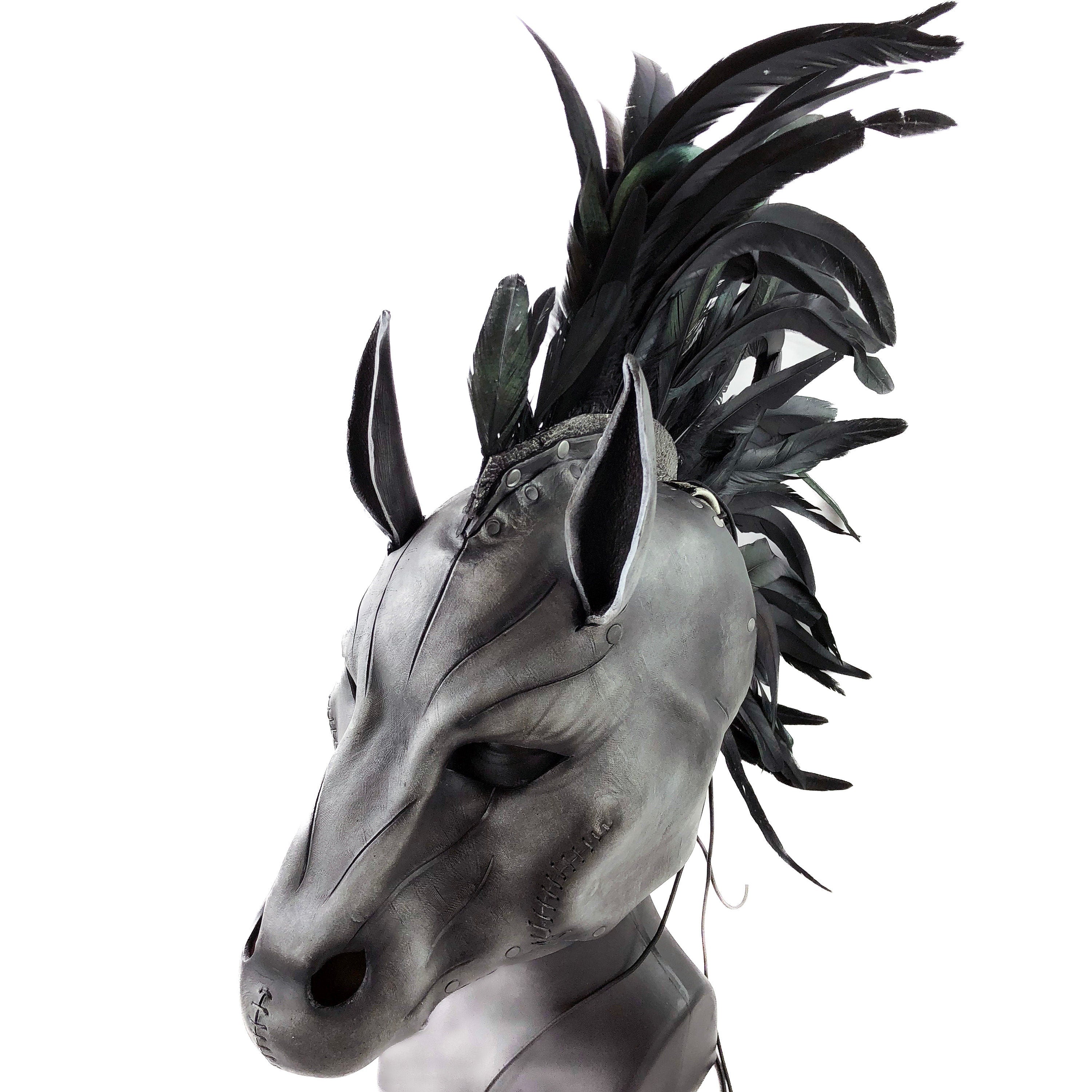 Flying Horse Handmade Genuine Leather Mask with Feathers