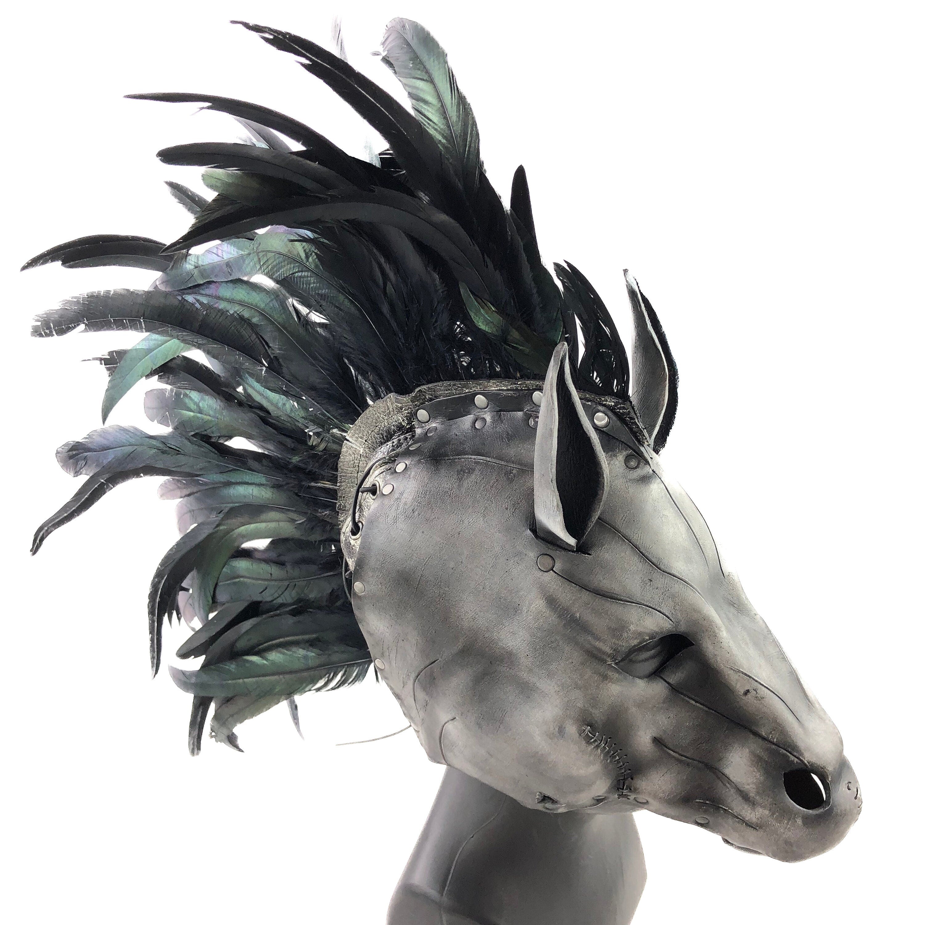 Flying Horse Handmade Genuine Leather Mask with Feathers